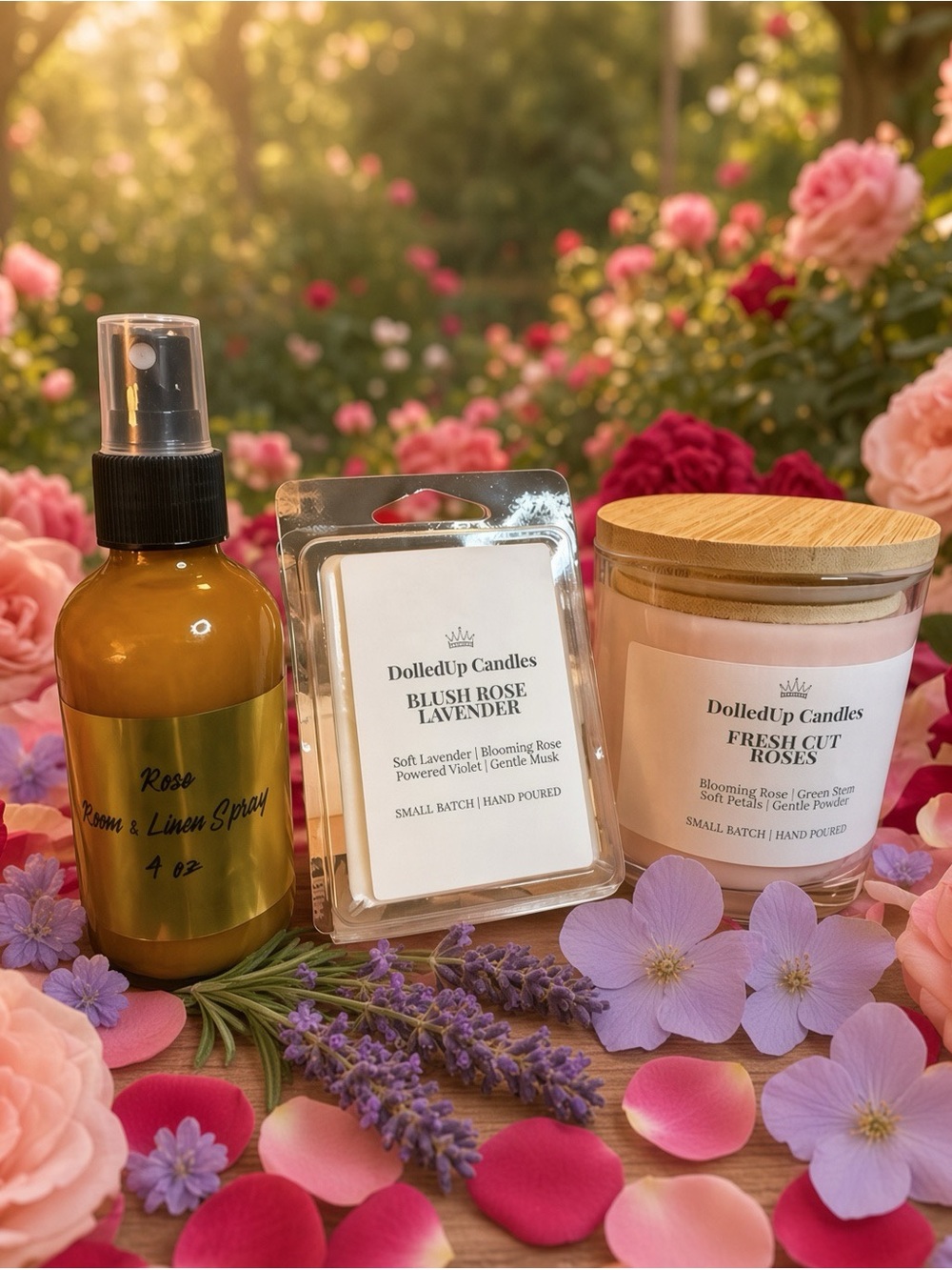 Blush Rose Garden Sanctuary Set | Rose Candle + Wax Melts + Room Spray